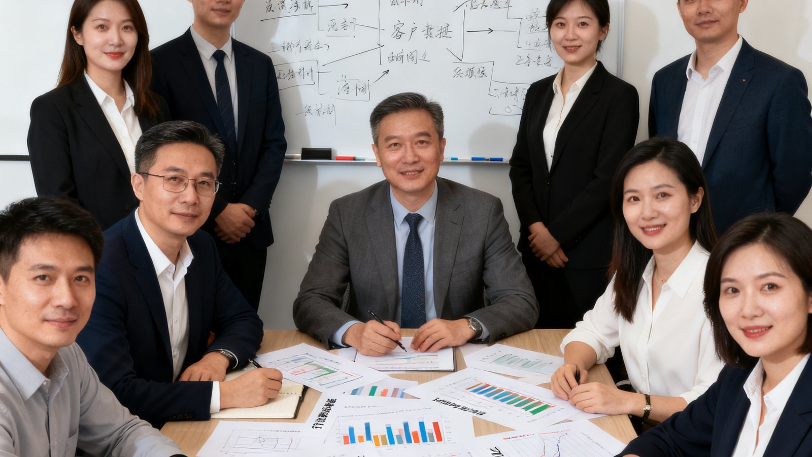 银河贵宾汇顾问团队与客户企业高管在明亮会议室的合影，白板上写满了战略规划框架图，桌上摊开着多份标注过的行业数据图表，气氛专注而协作
