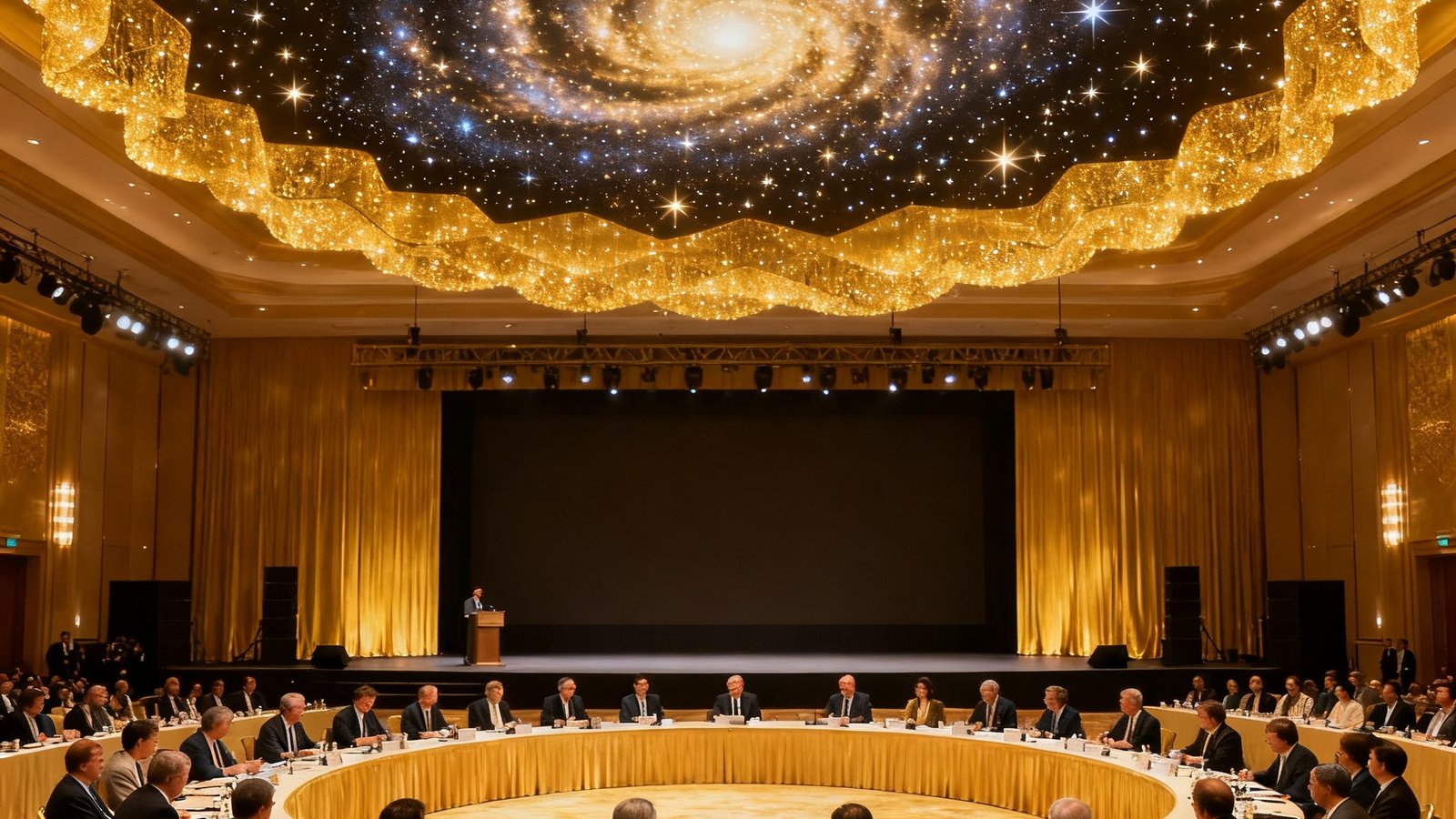 银河贵宾汇GALAXY年度峰会现场，数百位企业家在金色大厅圆形会议桌旁热烈讨论，舞台上方悬挂着璀璨的银河星光主题艺术装置，整体氛围庄重而充满活力