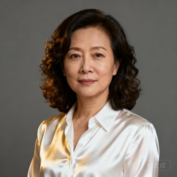银河贵宾汇联合创始人王敏华女士的职业肖像，她四十五岁左右，留着齐肩卷发，身穿白色丝质衬衫，展现出资本市场专家的专业气质